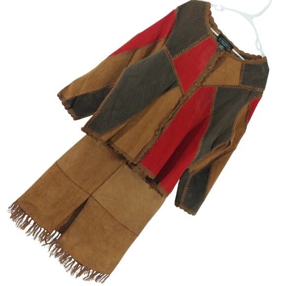 SELENE! GENUINE SUEDE LEATHER! RED, AMBER & BROWN PATCHWORK SKIRT SET! SZ 2X - Picture 12 of 12